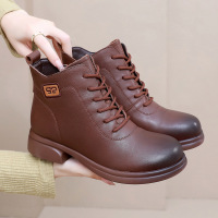 圆头短靴女秋冬新款舒适中跟头层牛皮休闲马丁靴简约加绒棉靴