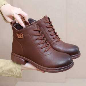 圆头短靴女秋冬新款舒适中跟头层牛皮休闲马丁靴简约加绒棉靴
