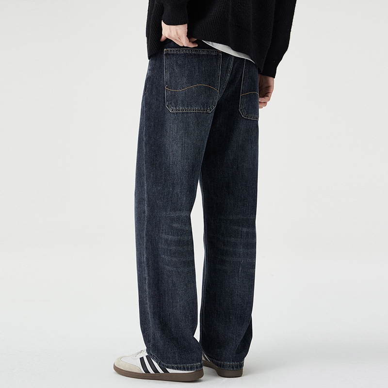 重磅水洗蓝黑牛仔裤男 宽松直筒 复古做旧 日常通勤百搭阔腿长裤