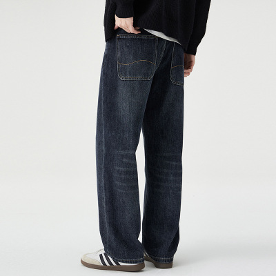 重磅水洗蓝黑牛仔裤男宽松直筒复古做旧日常通勤百搭阔腿长裤