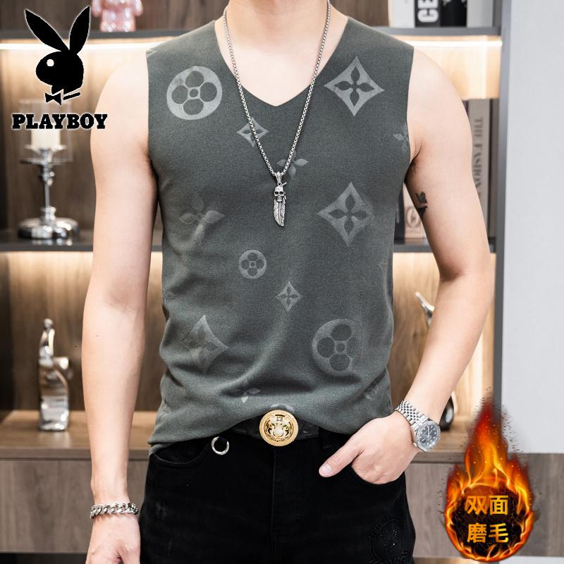 花花公子新款德绒压花背心冬季保暖内衣男士磨毛弹力紧身打底上衣