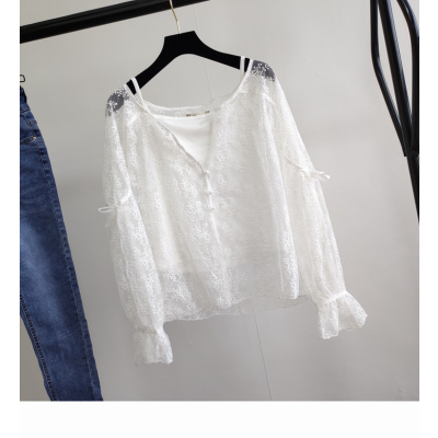 广赫2021春季新款气质蕾丝刺绣喇叭袖衬衫上衣吊带打底衫两件套女装潮衬衫