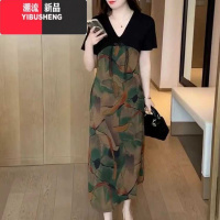 YIBUSHENG季洋气连衣裙女2024新款时尚气质宽松遮肚子印花拼接中长款裙子