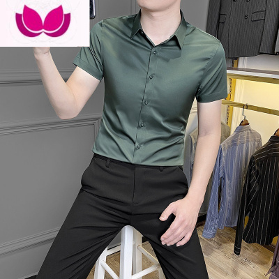 七斓弹力冰丝休闲衬衣修身潮流百搭上衣男装短袖衬衫男士寸衣夏季薄款