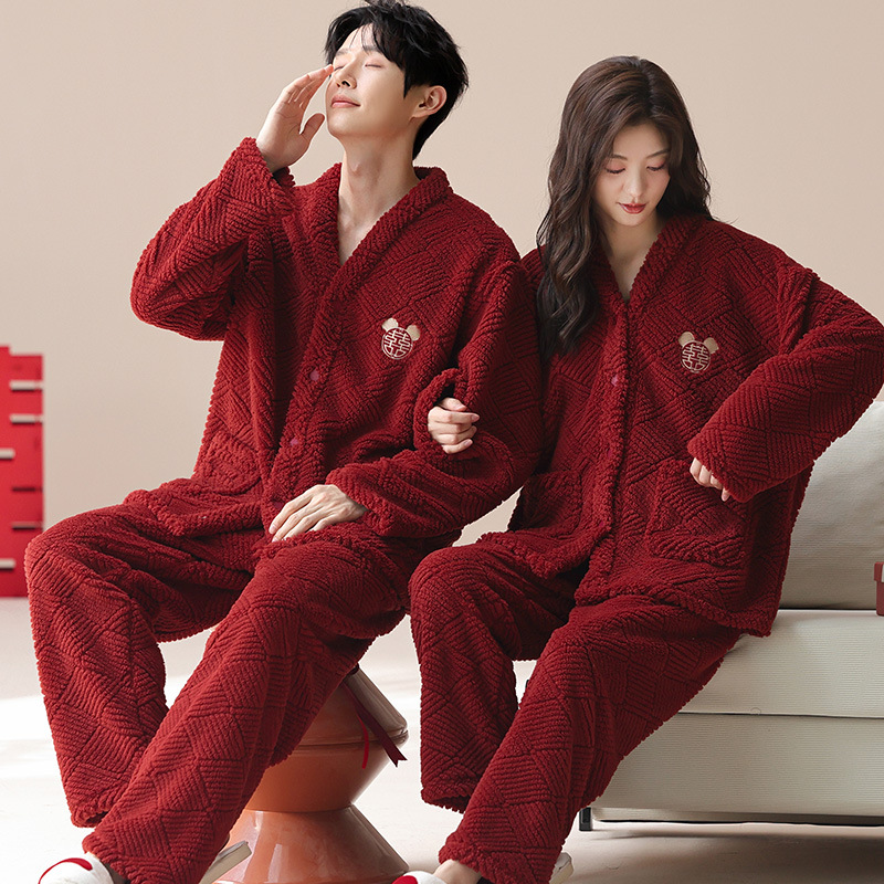 情侣睡衣秋冬季珊瑚绒本命年喜庆结婚大红色一男士一女家居服套装_719