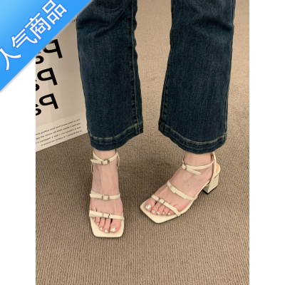 SUNTEK一字带绝美凉鞋女鞋子2023年新款夏季仙女风高级感粗跟高跟罗马鞋