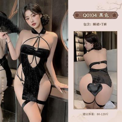 九里晴川Q0104丝绒镂空挂脖蜘蛛旗袍免脱性感诱惑高腰开叉连衣裙 九里晴川Q0104[丝绒连衣裙] 均码