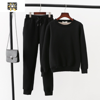 暖青汇羔绒加绒加厚卫衣套装女冬大码圆领套头休闲外套跑步运动两件套大码女装