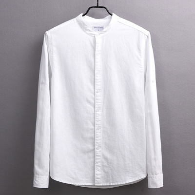 suntek衬衫男长袖圆领亚麻休闲文艺男装大码棉麻上衣修身立领白色衬衣