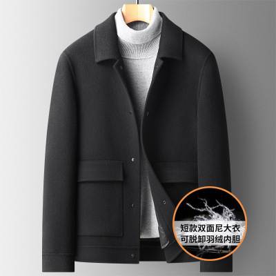 秋冬100%羊毛短款双面尼大衣男可脱卸羽绒内胆双面呢羊毛大衣外套