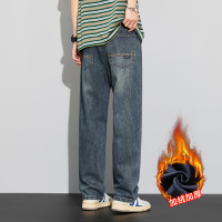 质感保暖柔软牛仔裤加绒男男裤秋冬季厚款宽松版型阔腿高街直筒裤