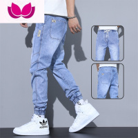 七斓男士牛仔裤浅蓝色休闲哈伦弹力束脚工装潮牌网红九分长裤子