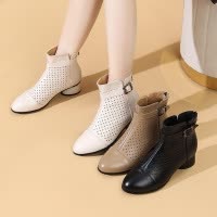 2026春夏季软底凉靴后拉链镂空透气洞洞马丁靴女中跟复古牛皮网靴