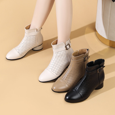 2026春夏季软底凉靴后拉链镂空透气洞洞马丁靴女中跟复古牛皮网靴_1