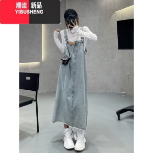 YIBUSHENG减龄牛仔背带裙女2024年季新款韩版时尚宽松高腰显瘦吊带连体裙