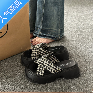 SUNTEK韩版千鸟格厚底凉拖鞋女夏季外穿2023新款高级感小众松糕沙滩凉鞋