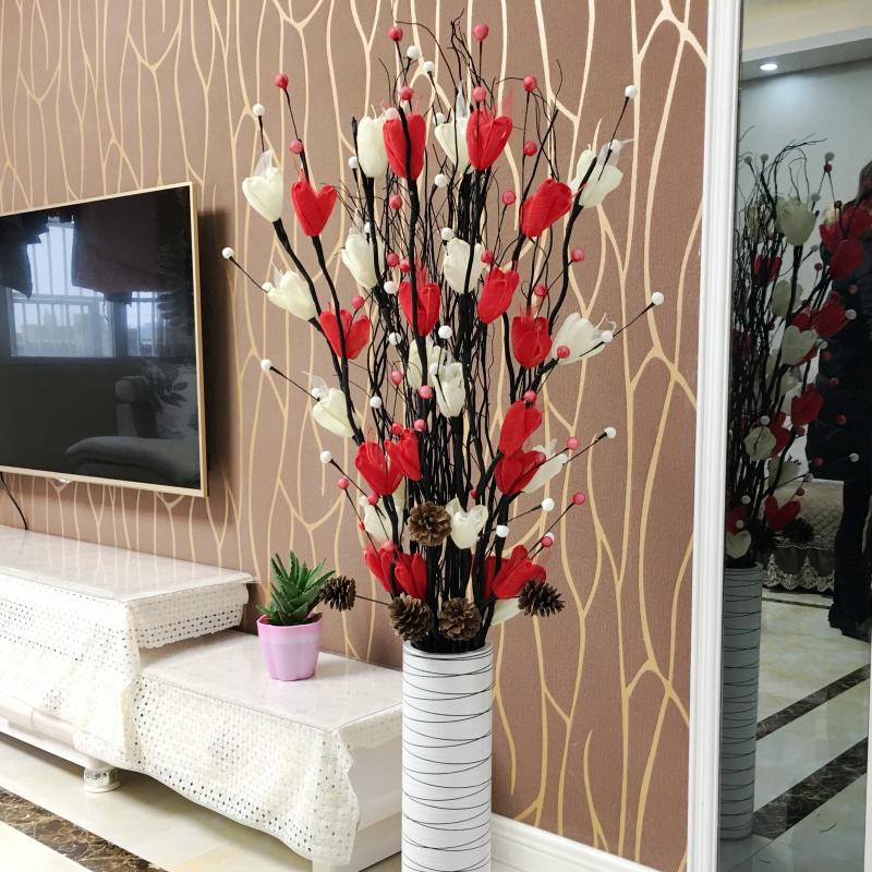 花客厅落地插花家居室内装饰摆设件干花花束仿真花艺套装 白加红含瓶