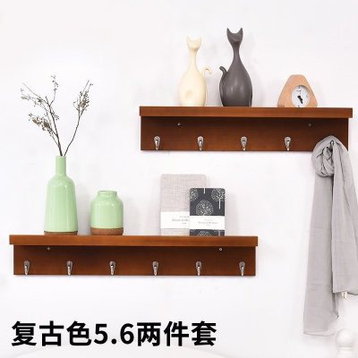 家柏饰(CORATED)墙上置物架简约现代客厅实木隔板玄关艺术挂钩卧室壁挂木板挂衣架 复古色五钩六钩两件套