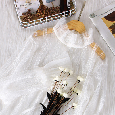 暖青汇花边领蕾丝打底衫女长袖透视内搭纱衣薄纱透明喇叭袖网纱仙气上衣蕾丝衫