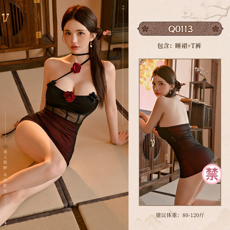 九里晴川暗夜玫瑰性感辣妹透视网纱玫瑰挂脖修身褶皱包臀裙情趣 九里晴川Q0113[玫瑰挂脖连衣裙] 均码