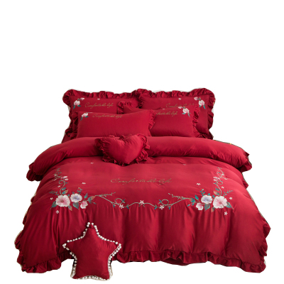 美帮汇小花四件套床单床上三件套女风床套1.8米床款中国红女