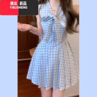 YIBUSHENG2024新款蓝色无袖v领格子连衣裙小个子女法式甜美公主百褶短裙