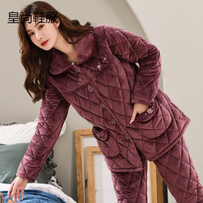 睡衣女士秋冬季珊瑚绒三层夹棉加厚保暖加绒中老年家居服妈妈冬天