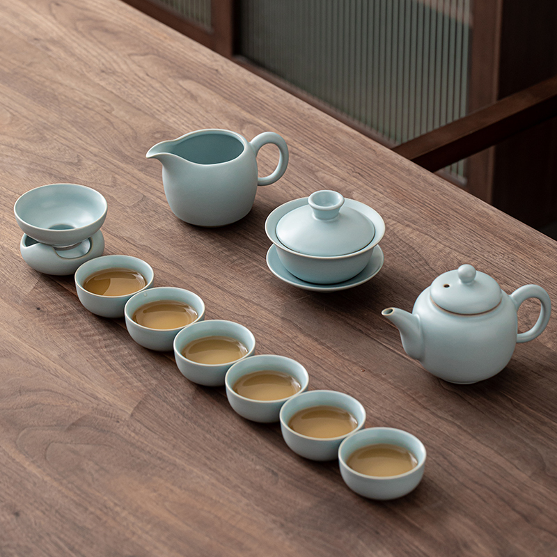 苏氏陶瓷(SUSHI CERAMICS)汝窑茶具套装可开片可养的汝瓷三才盖碗功夫茶杯泡茶壶茶具礼盒装