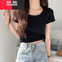 YIBUSHENG正肩短袖t恤女2024新款季酒红色修身内搭短款穿搭显瘦上衣