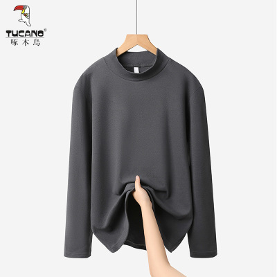 啄木鸟春秋季新款重磅圆领打底衫长袖男宽松休闲垂感男款纯色卫衣
