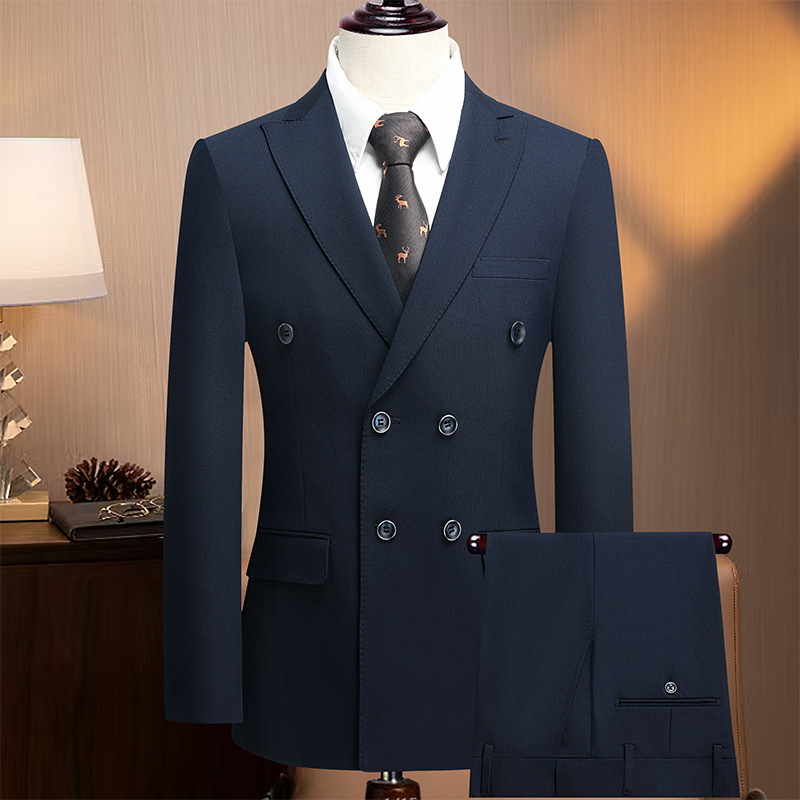 轻奢戗驳领双排扣套装西服男士商务西装韩版修身正装婚礼结婚西服