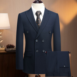 轻奢戗驳领双排扣套装西服男士商务西装韩版修身正装婚礼结婚西服