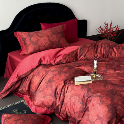 婚庆长绒棉贡缎100S床单四件套结婚红色被套床上用品