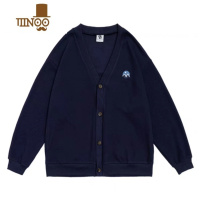 YANXU藏青色华夫格基础款针织衫开衫男春季宽松休闲情侣装长袖上衣外套