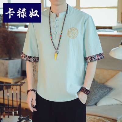 卡禄奴2021亚麻短袖T恤男夏季盘扣恤薄款宽松棉麻半袖潮流中国风男装潮牌中式刺绣