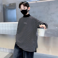 男童德绒条纹打底衫秋冬装新款大童保暖潮t儿童半高领长袖T恤