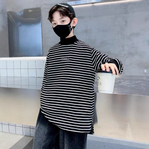 男童德绒条纹打底衫秋冬装新款大童保暖潮t儿童半高领长袖T恤