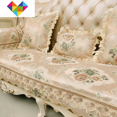 欧式沙发垫防滑全盖法式皮贵妃沙发套罩四季通用北欧简约花香四溢-香槟金55*65cm抱枕套御蓝锦