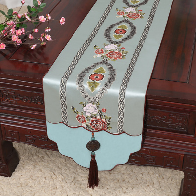 美帮汇新中式古典玉桌旗茶几长条布艺中国风桌布床柜旗电视柜盖布 蓝 34*250适合桌长190-200CM