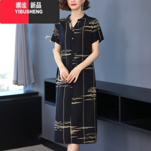 YIBUSHENG中老年女装棉绸连衣裙2024新款妈妈装气质优雅宽松显瘦印花裙子