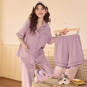 女士短袖长裤短裤带胸垫三件套开衫春夏秋薄款棉质睡衣家居服