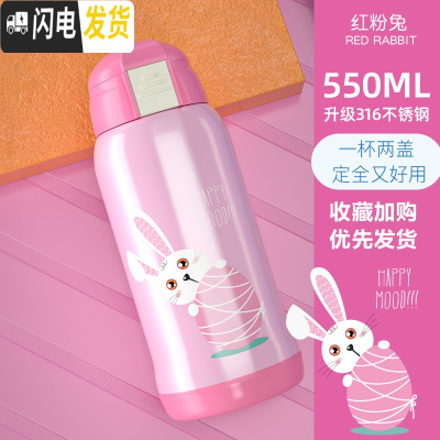 三维工匠儿童水杯幼儿园水壶两用便携宝宝杯子小学生儿童保温杯带吸管 316兔子