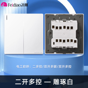 飞雕(FEIDIAO)开关插座86型家用暗装 超大面板钢支架 雕琢系列电源墙壁开关面板 拉丝白二开多控
