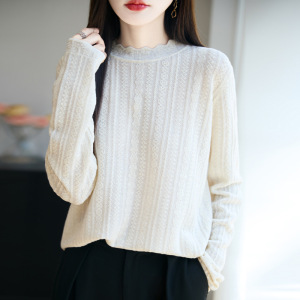 秋冬新款女式半高领精纺羊毛针织打底衫清新甜美风花边领舒适内搭