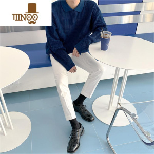 YANXU翻领华夫格毛衣男宽松冬季加厚打底针织衫韩版潮流翻领线衣外套