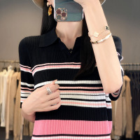 撞色条纹针织衫短袖T恤冰丝夏季年新款上衣polo领体恤小香风