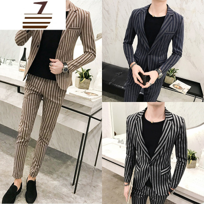 NEWLAKE西服套装男三件套韩版修身经典条纹免烫单扣夜场上班小西装套装潮