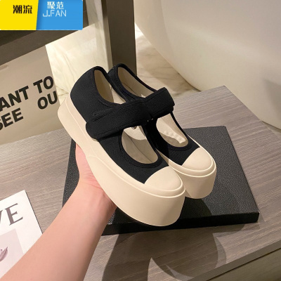 聚范法式玛丽珍女鞋赵露思同款丑萌复古mona大头小白帆布厚底单鞋