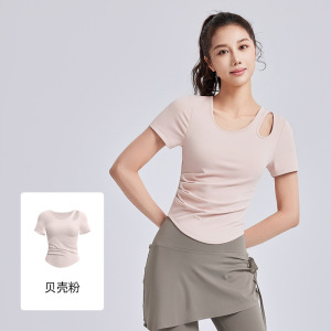 显瘦抽皱瑜伽服女一体杯带胸垫运动健身上衣短袖夏