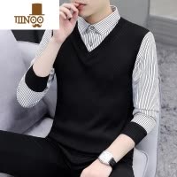 YANXU假毛衣男士2023秋季衬衫领男装上衣冬装加绒针织内搭打底衫潮